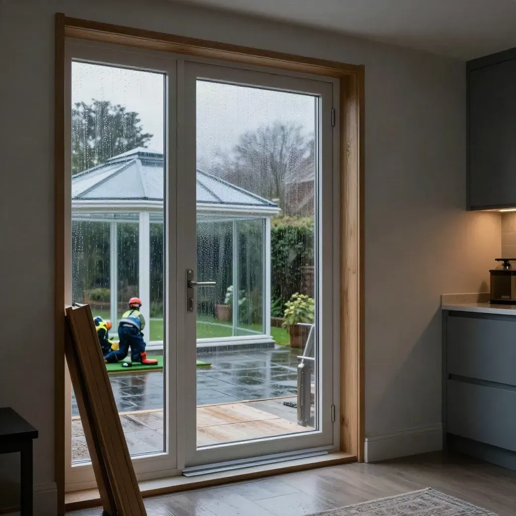 New patio door glazing in a Bristol kitchen opening to a rain-washed garden