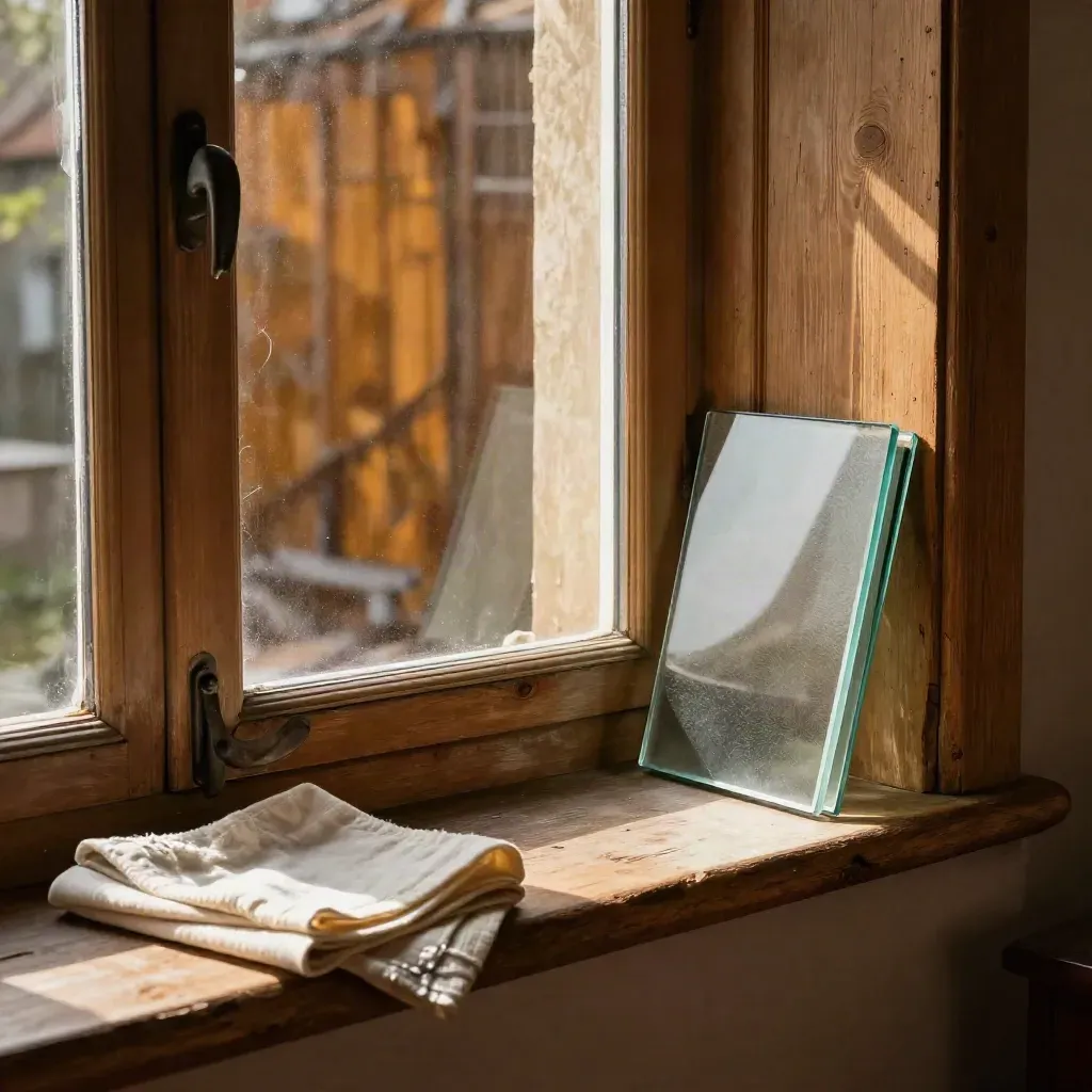 Freshly replaced cottage window pane with drop cloth, shard tray, and frosted spare glass