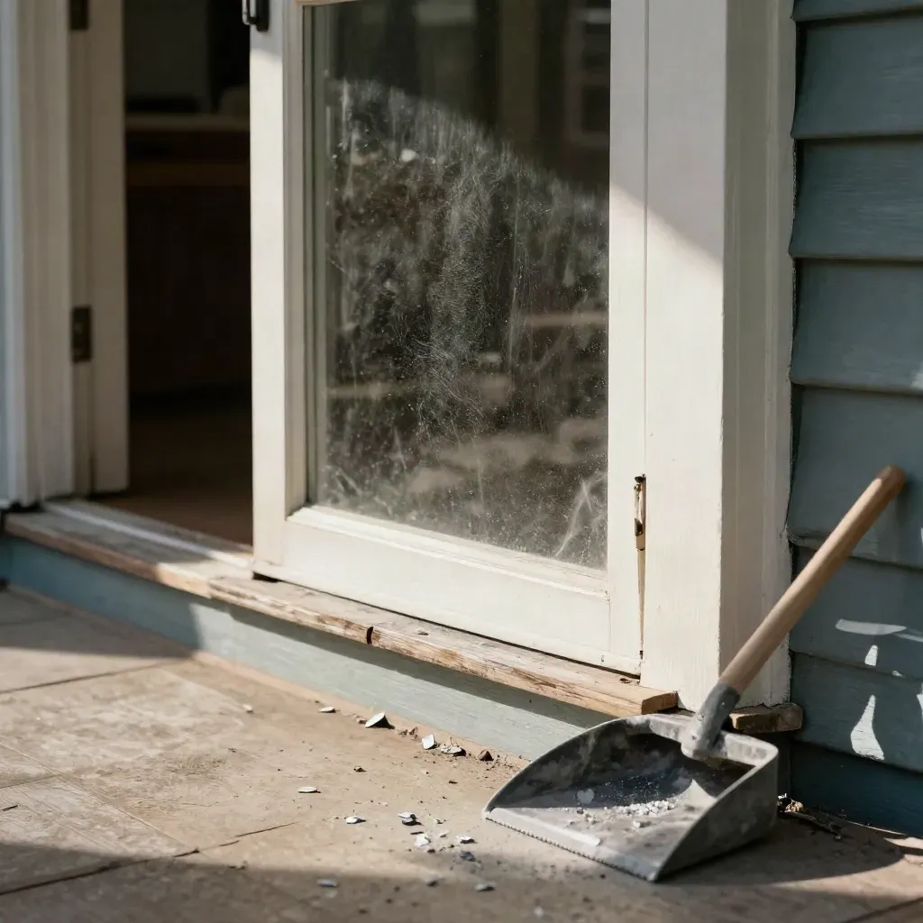 Freshly repaired porch sidelight with replacement glass, board, and blurred dustpan of fragments.