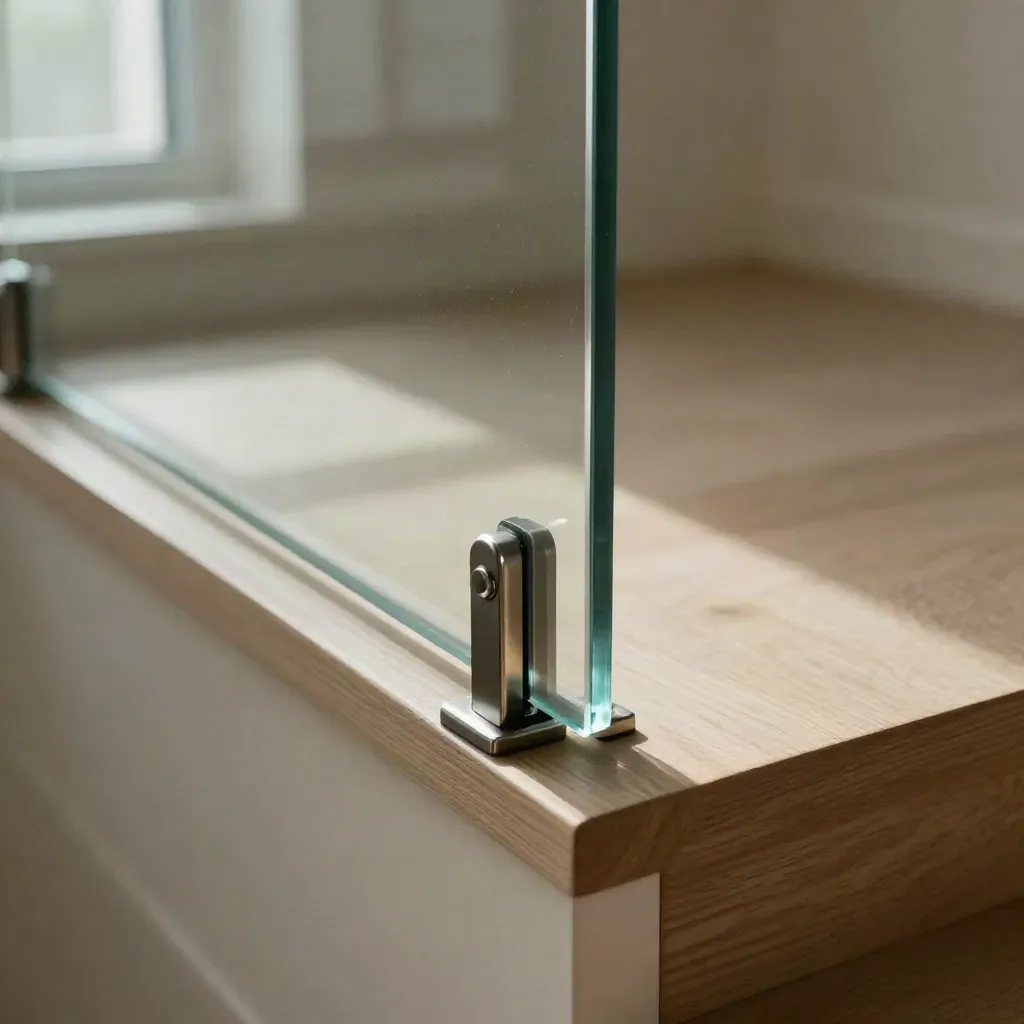 Macro of laminated glass balustrade edges and a bright low-level window on a secure stair landing.