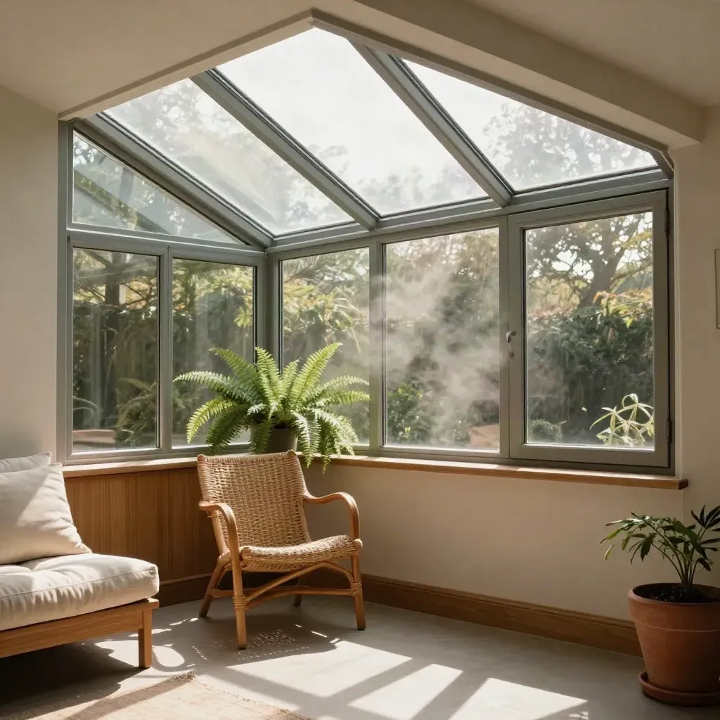 New conservatory roof glass glowing in morning light with a rattan chair and potted fern below.