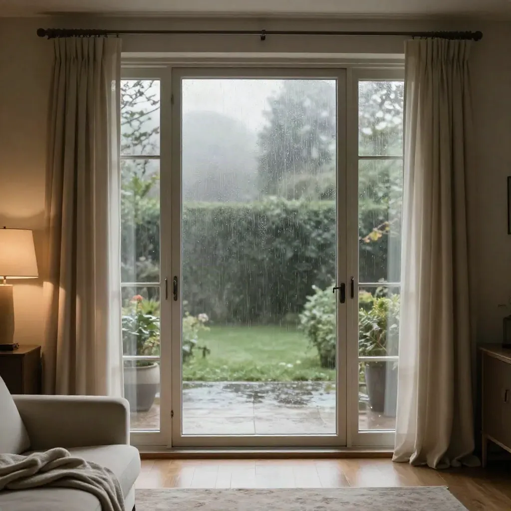 Lounge patio door with clear replacement glass, warm lamp glow, and blurred wet garden