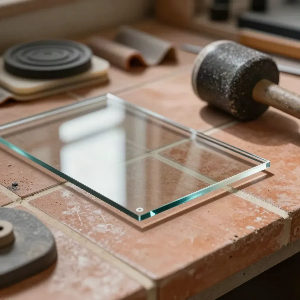 Safety-glass kit on a tiled utility bench with laminated offcut, suction pad and rubber mallet.