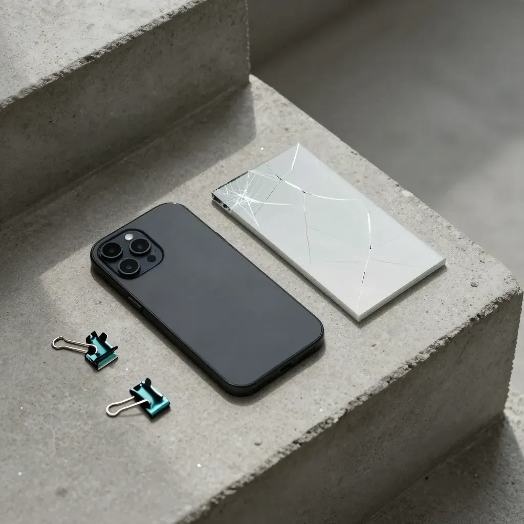 Top-down still life of a cracked glass corner, face-down phone, and glazing clips on concrete.
