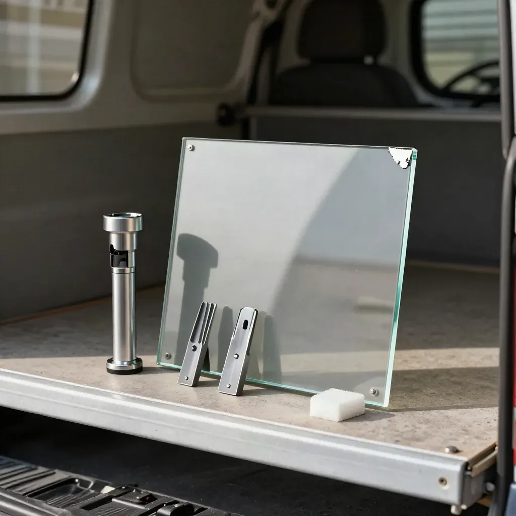 Glazing kit on a van shelf with glass offcut, torch, packer wedges and corner protector.