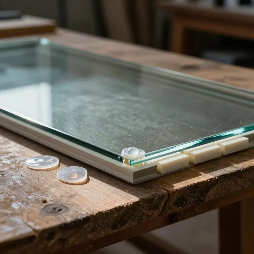 Glass pane corner with suction pads, sealant bead and spacer blocks on a timber bench.
