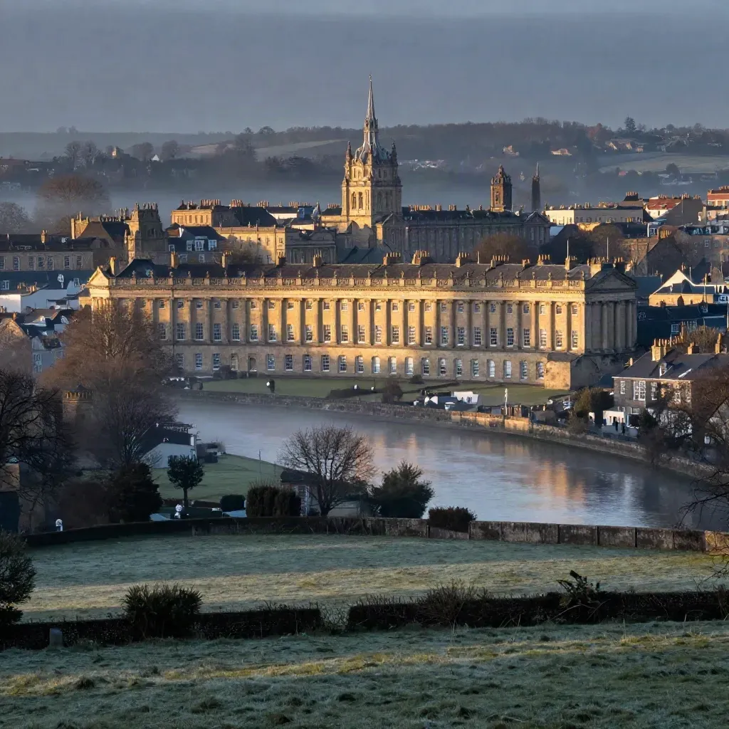 Bath skyline and Royal Crescent above misty Avon valley fields at sunrise